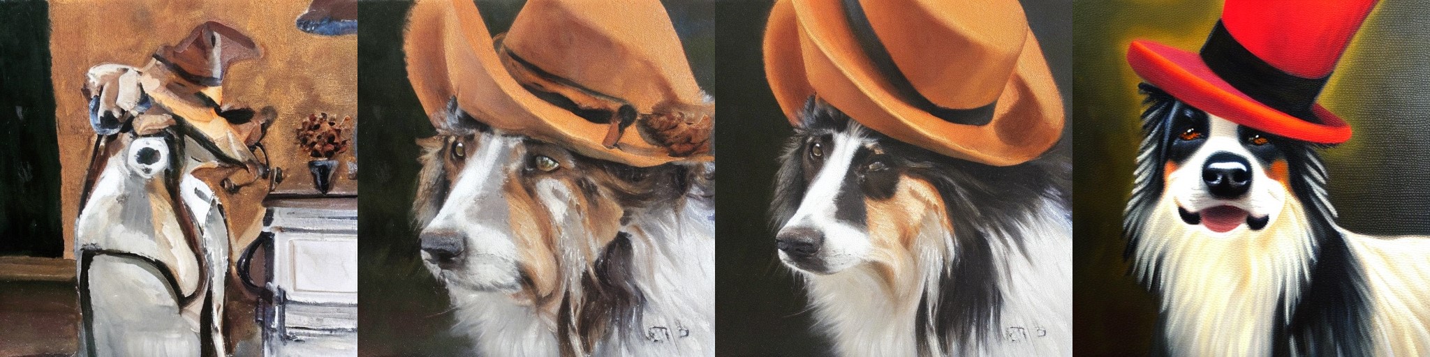 An oil painting of a collie in a top hat